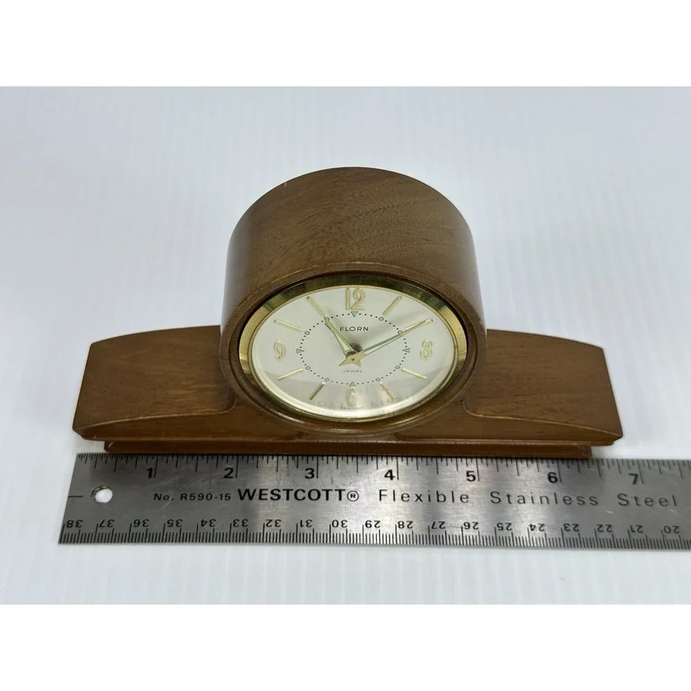 VTG Florn Germany Wood Brass Alarm Clock Luminous Hands Works‎ Intermittently